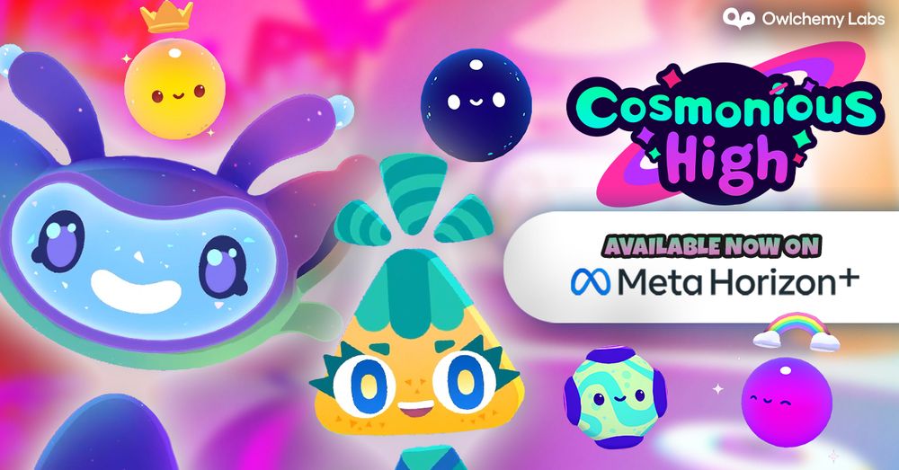 Image of multiple brightly colored "aliens" from Cosmonious High. The Cosmonious High logo is in the top right, just above where it says "Available Now On Meta Horizon+"