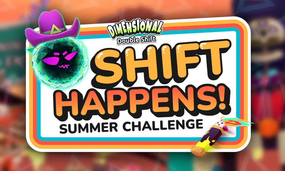 A DDS nametag with the Dimensional Double Shift word logo alongside alice in a pink cowboy hat. Reads "SHIFT HAPPENS SUMMER CHALLENGE"