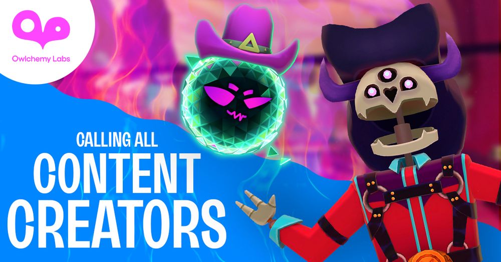 ALICE, a green spherical AI, and Big Hex, a giant demon cowboy, looking at the viewer with "CALLING ALL CONTENT CREATORS" large on the image.