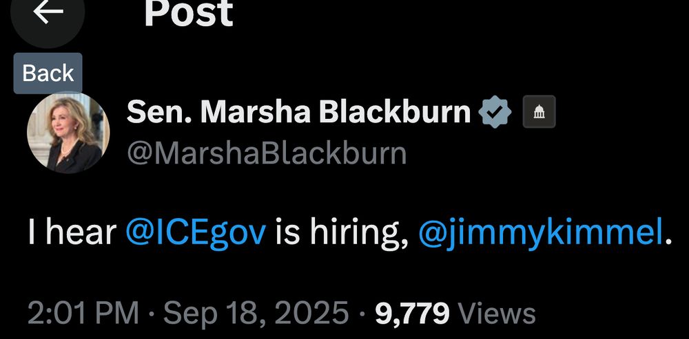 Senator Marsha Blackburn "I hear @ICEgov is hiring," tagging Jimmy Kimmel. 