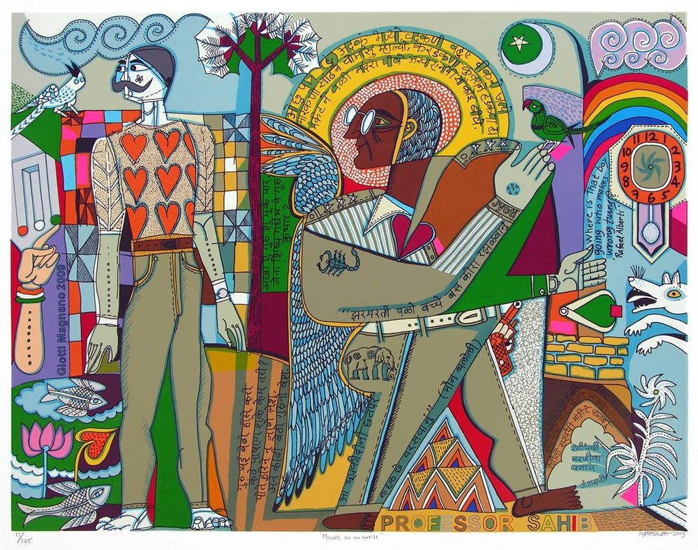 Colorful, detailed composition in a flat, slightly geometric style, depicting a man with wings labeled "Professor Sahib" and another man wearing a heart pattern vest, both standing within a setting of jumbled shapes, animals, and plants.