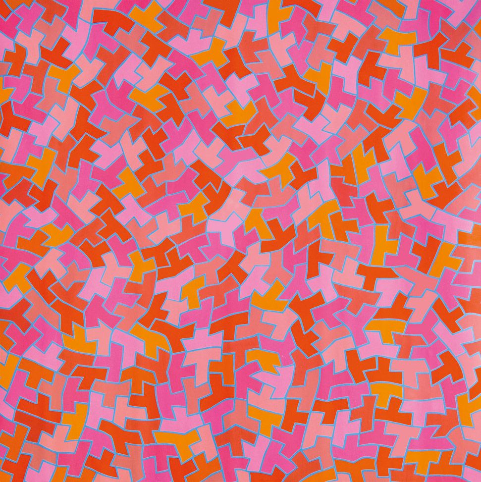 Abstract painting with interlocking T and Y shapes in alternating magenta, orange, yellow, and pale pink, all outlined in bright blue.