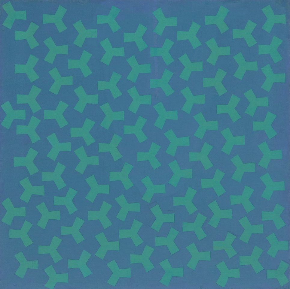 Abstract painting with floating green "Y" shapes spread across a blue field.