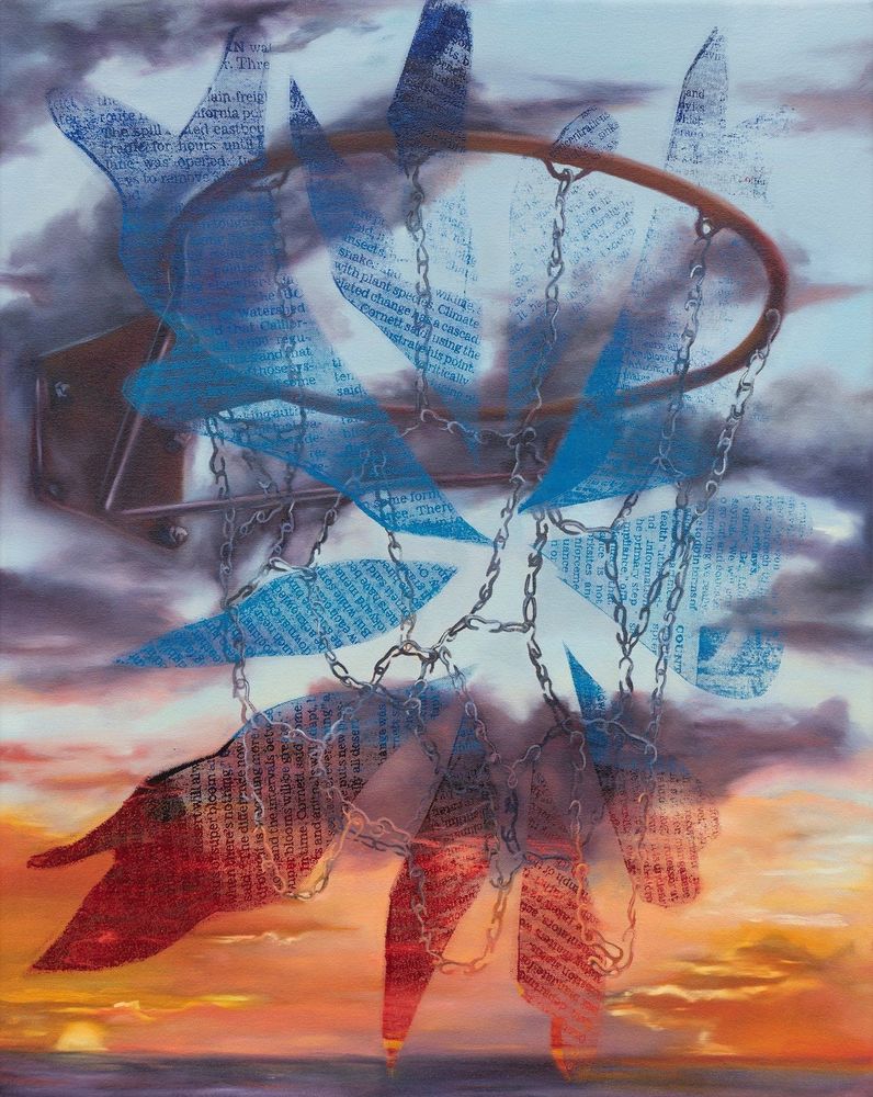 Multi-layered painting depicting a large basketball hoop with a chain net floating within a fiery sunset and grey clouds, with torn pieces of a newspaper floating around a point in the center.