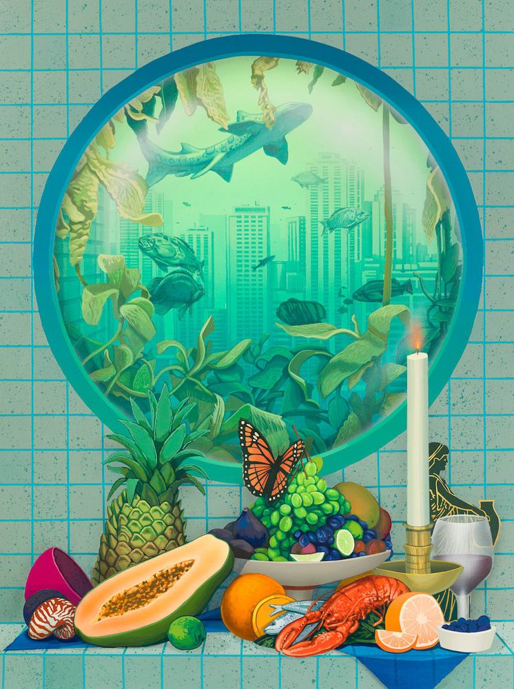 Still life painting of a cluster of fruits and other foods sitting on a tiled counter against a large circular window revealing an aquarium holding fish and seaweed. Through water is a city skyline with skyscrapers.