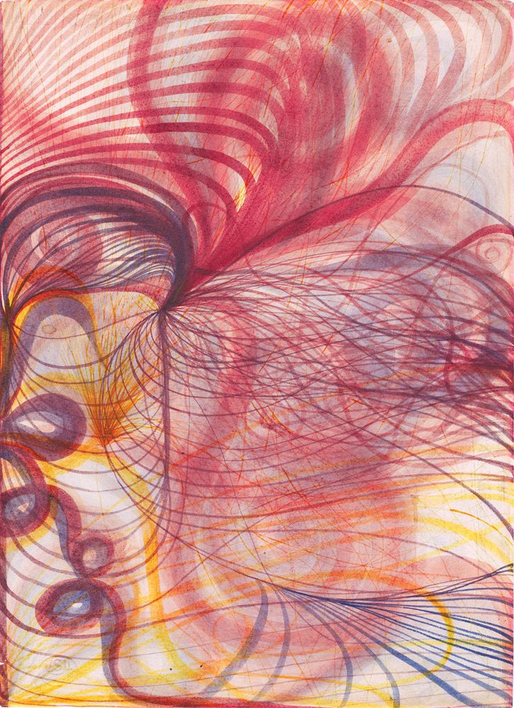Abstract painting with a mix of curving, overlapping thick and thin lines in red, purple, and yellow.