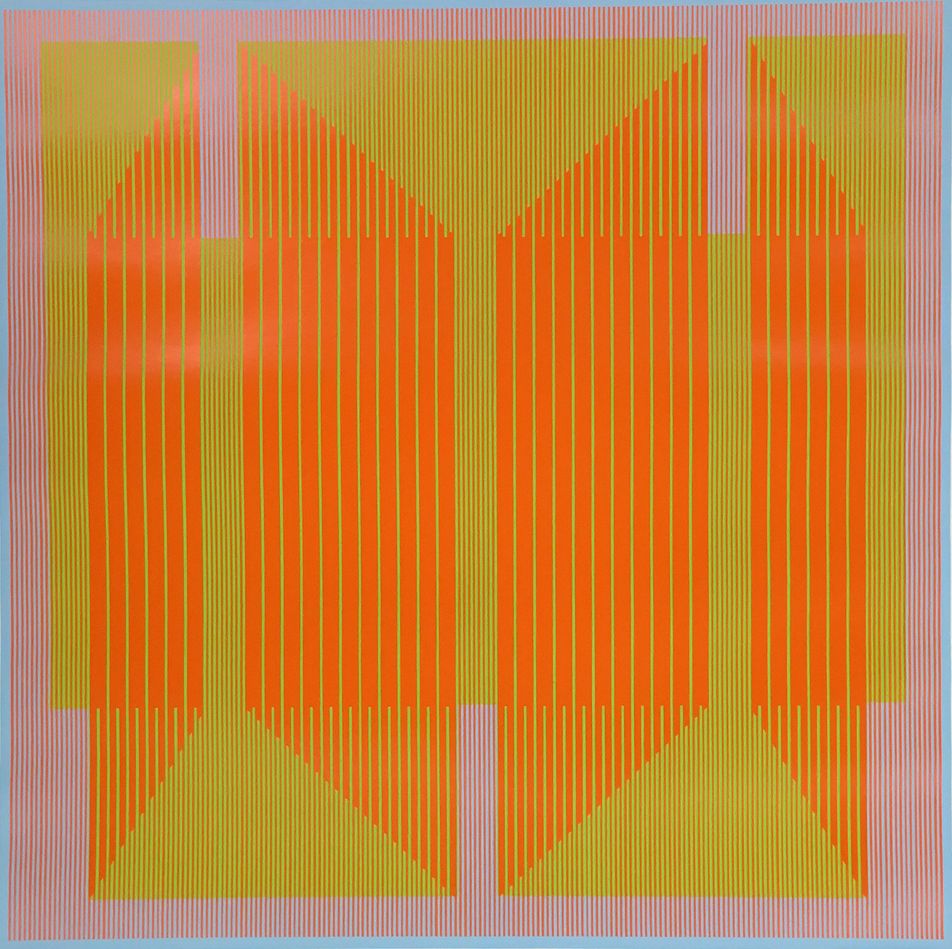 Abstract symmetrical composition of vertical orange and yellow lines forming angled rectangles over a field of red vertical lines.