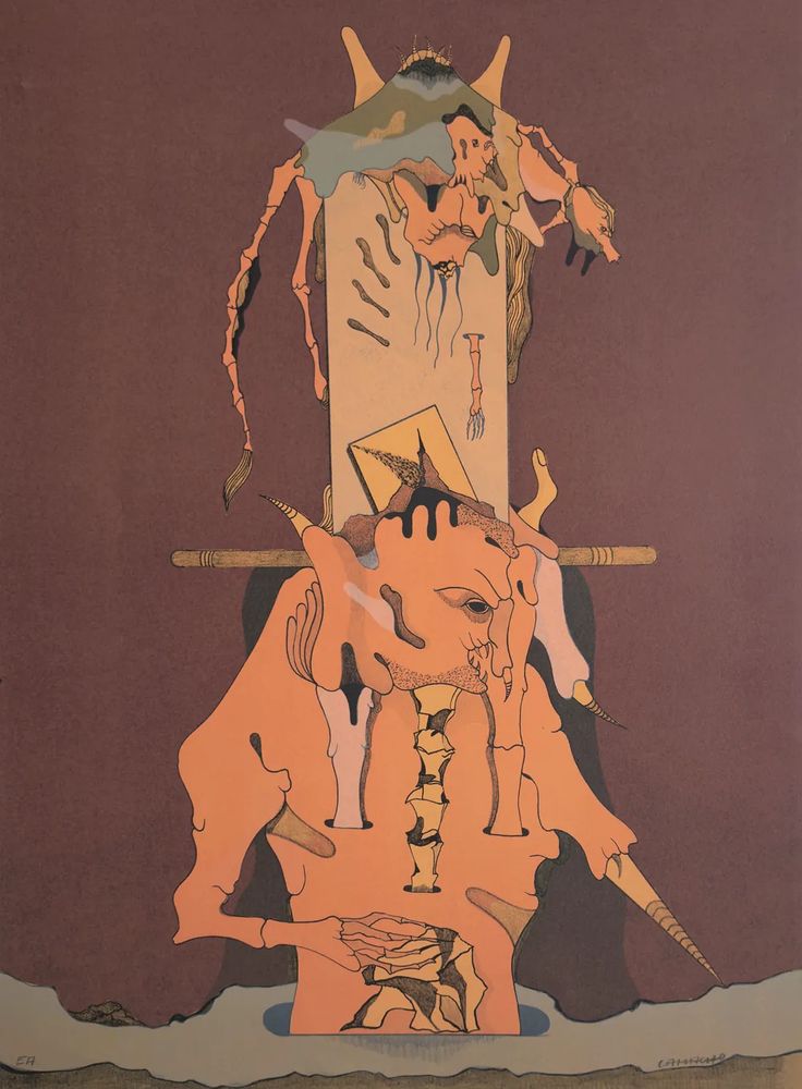 Surreal composition depicting a composite creature in orange and another creature stacked on top, with various bones and appendages amassed together, against a maroon background.