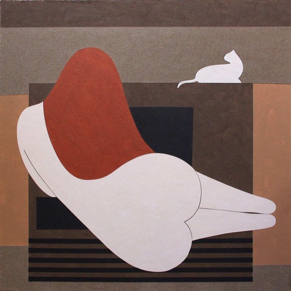 Minimalist depiction of a woman with red hair and white skin, seen from behind lying on her side in front of a fireplace (?)) with a white cat perched on top.
