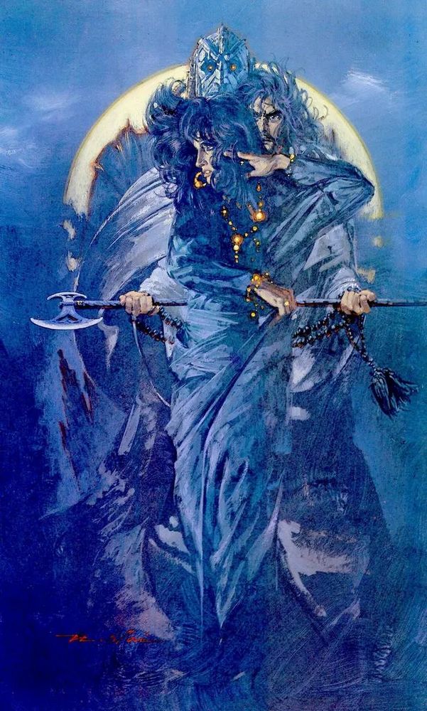 Illustration in a blue-gray palette of a man and woman in long cloaks standing close together in front of an imposing figure with a metallic face, with a large moon behind them.