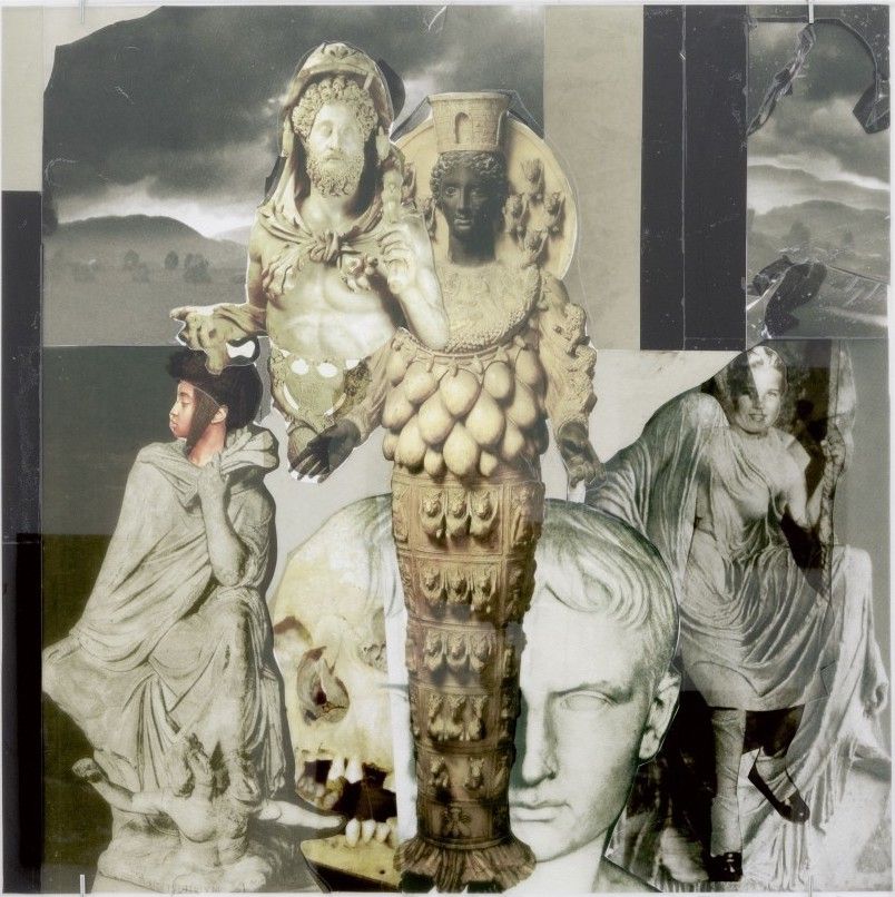 Grey and sepia collage with images of classical sculptures arranged in a central cluster and two sculptures with human heads on either side, a white woman and a young Black man.
