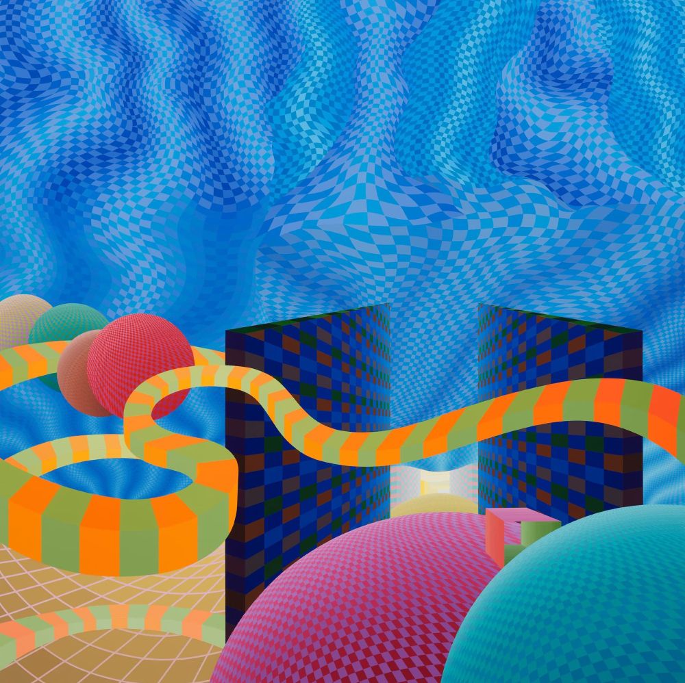 Abstract painting depicting a curving blue checkerboard background with various colorful shapes with lined and checkerboard patterns floating in the foreground.