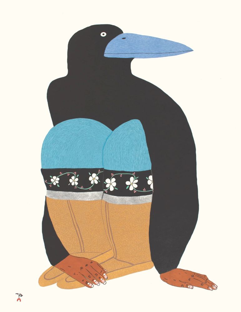 Linocut of a seated figure with upper body of a penguin, and the hands and legs of a human, wearing warm winter boots