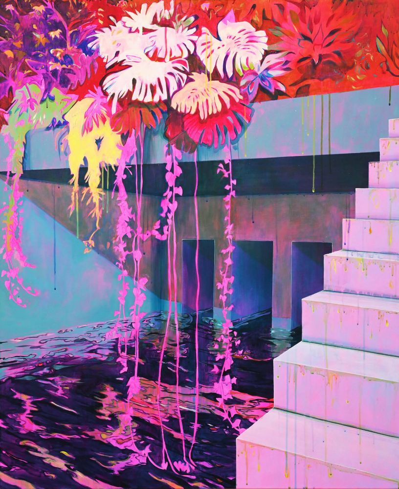 Painting in a bright palette with drippy elements, depicting a light pink staircase beside a Brutalist-style blue-grey building covered in large red and pink leaves and vines, over a pink and purple ground.