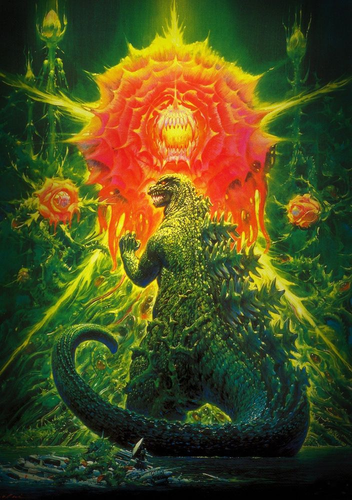Poster art for Godzilla vs Biollante with Godzilla in front of a beautiful red rose monster surrounded by green vines.