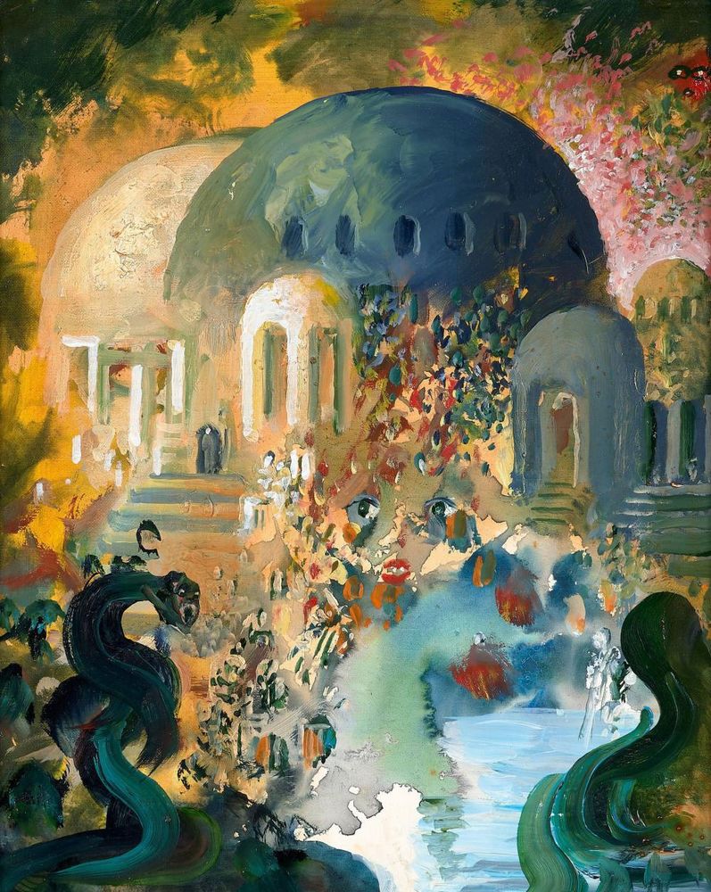 Surreal painting depicting a building with several domes, with various creatures and abstract gestural elements floating in front of it, in a palette of deep green, blue, and yellow.