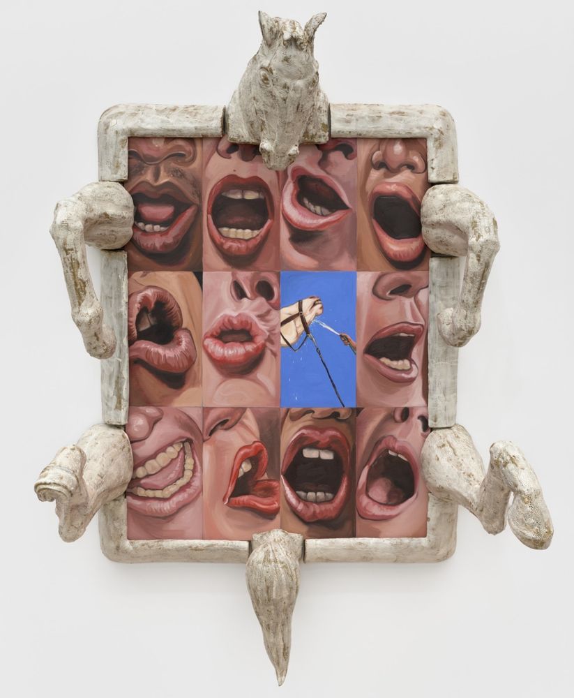 Painting of a grid with each space holding a different human mouth in a screaming or "OH" position. The canvas is surrounded by an off-white ceramic frame with the head, limbs, and tail of a horse emerging.