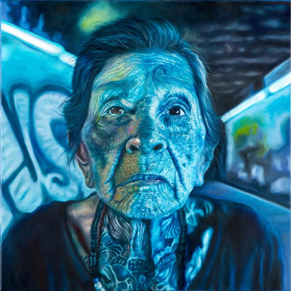 Painting in a hyper-realistic style of an elderly woman with neck tattoos looking directly at the viewer, in a palette of blue-green tones.