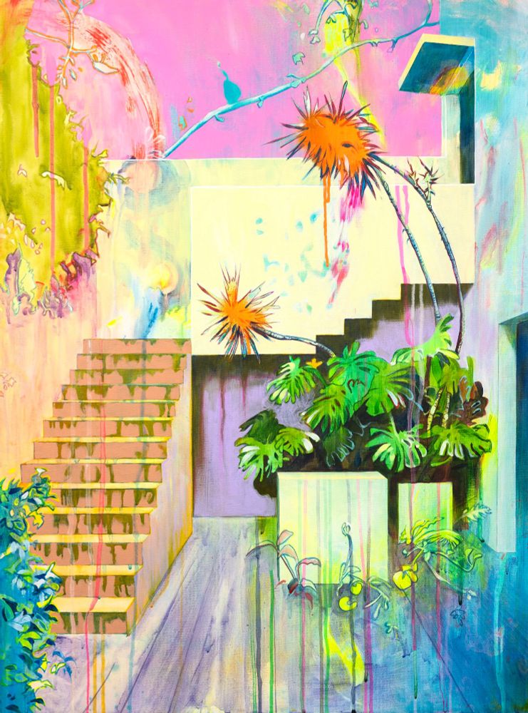 Painting in a bright palette with drippy elements, depicting a courtyard with peach stairs leading up to a pale yellow wall, filled with green ferns and spiky orange trees with slim trunks.
