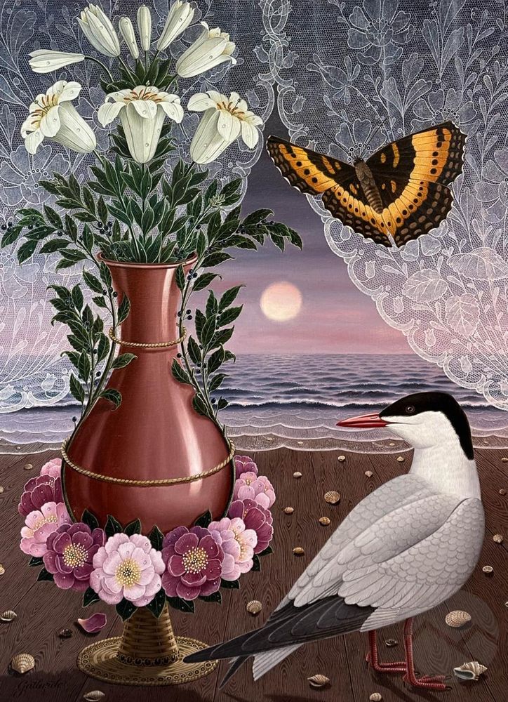 Painting of a grey and white seabird standing on a wooden deck with a sea tide coming up in the distance onto the floor. The deck is strewn with small sea shells. A copper vase standing next to the bird holds white flowers and a butterfly floats over the scene in front of a white lace curtain parted in the center.