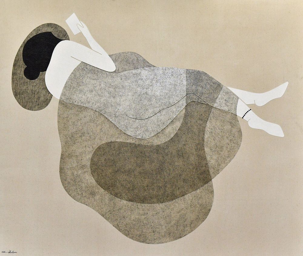 Minimalist depiction of a woman with dark hair and white skin, lying on her side looking at a small piece of paper, covered by a gauzy brown blanket.