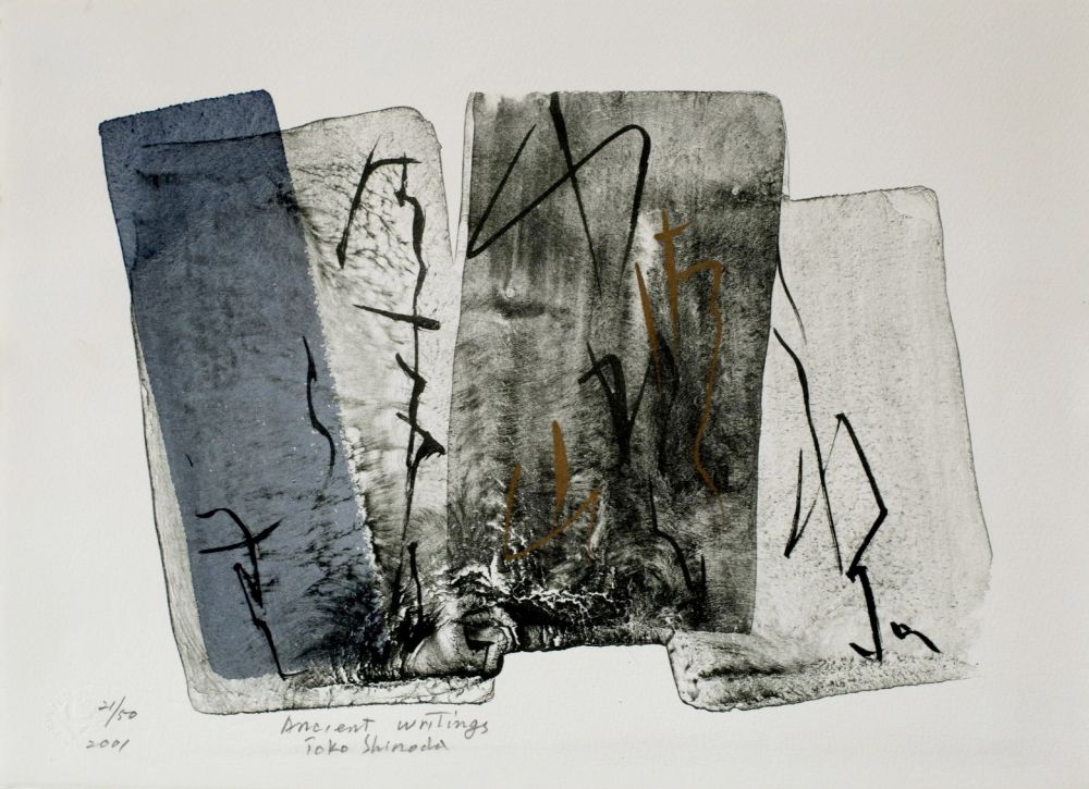 Abstract composition with a cluster of loose grayscale rectangles filled with gestural black marks, over a white background.