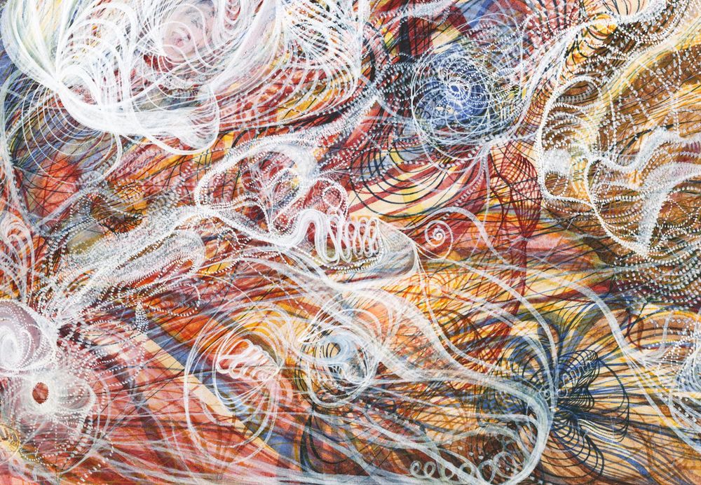 Abstract painting with a mix of curving, overlapping brush strokes in red, yellow, and blue, overlaid with swooping white lines and dots.