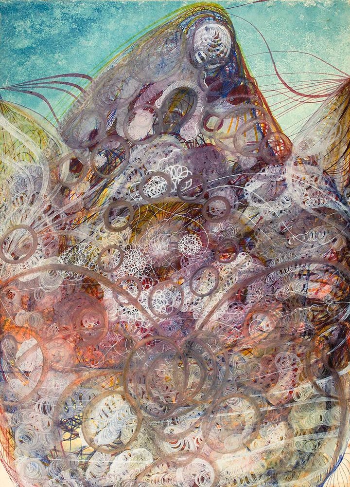 Abstract painting with a mix of curving, overlapping brush strokes forming a sort of mountain peak, overlaid with dozens of delicate white forms resembling doilies.