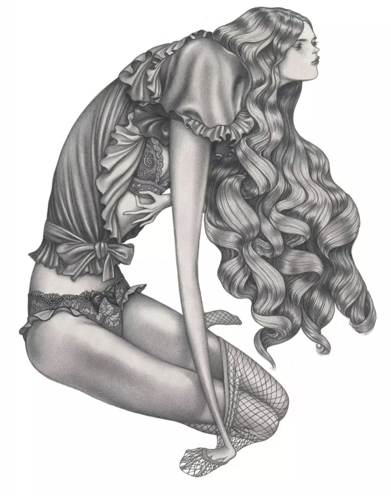 Grayscale drawing of a woman with elongated limbs kneeling on the ground, wearing fishnet stockings and ruffled lingerie. Her long hair falls in curls and waves over her lap.