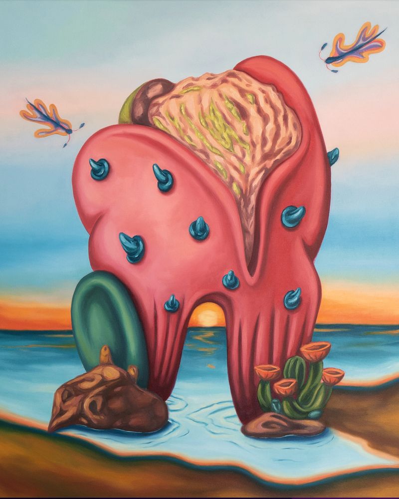 Painting of a large organic form, with hybrid plant and animal characteristics, in a brightly colored palette. It stands in blue water along a brown beach, with a sunset in the background.