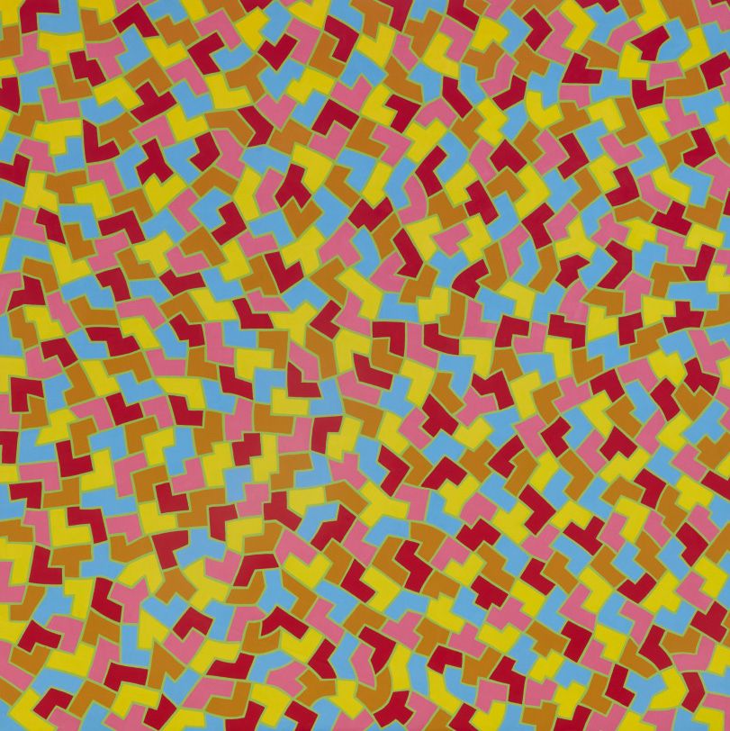 Abstract painting with interlocking V, Y, and L shapes in alternating pink, red, yellow, mustard, and blue, all outlined in bright green.