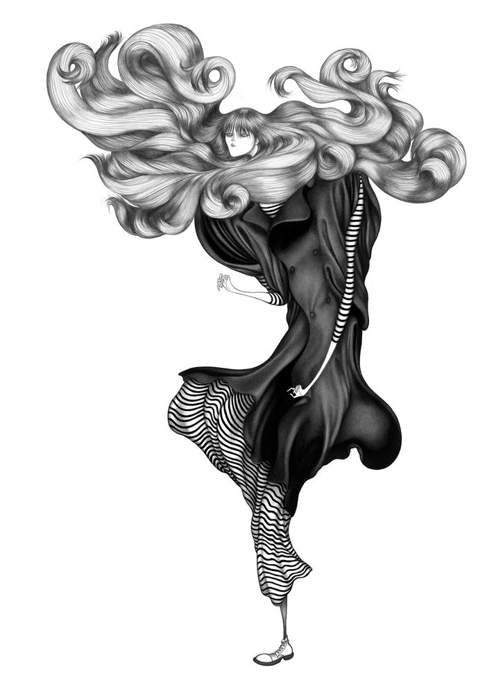 Grayscale drawing of a woman with elongated limbs wearing a dark coat and striped dress, her long light hair swirling around and above her head.