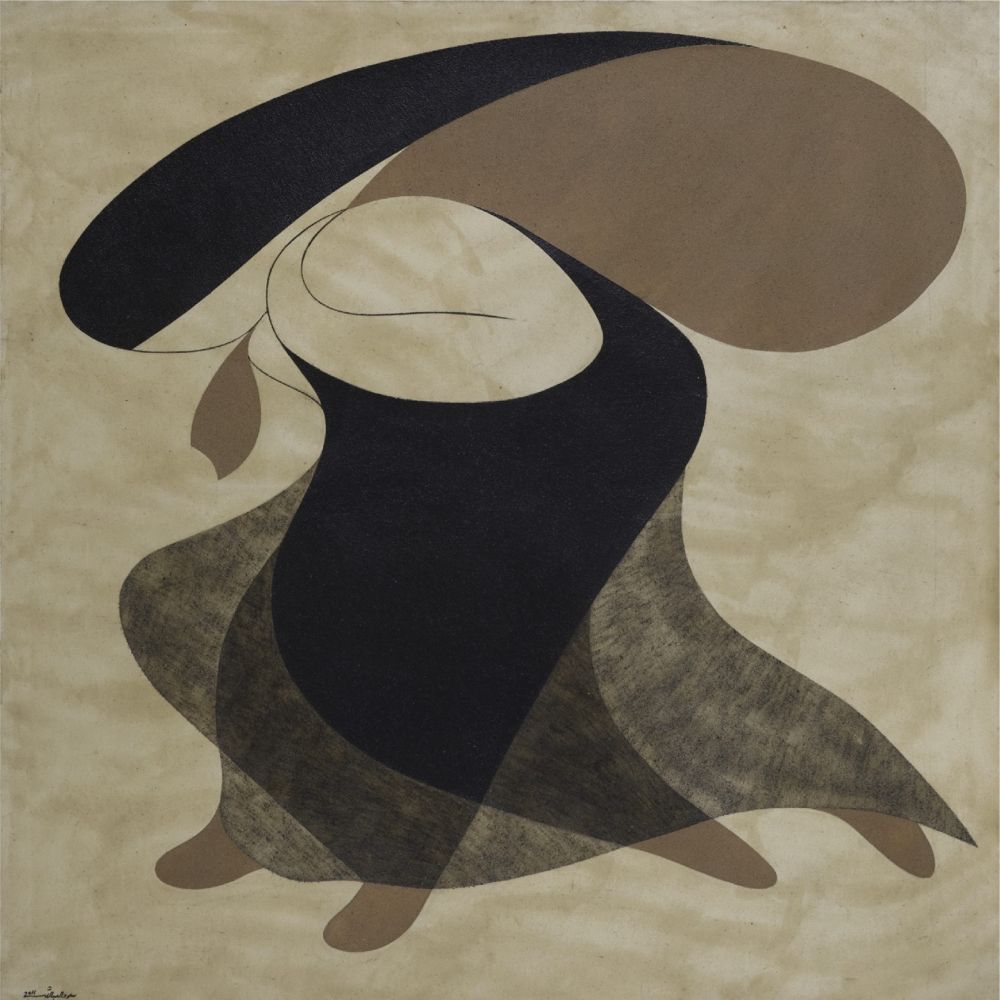 Minimalist depiction of a figure wearing gauzy dark textiles on her body and head, hunched over holding a large brown sack over her shoulder.