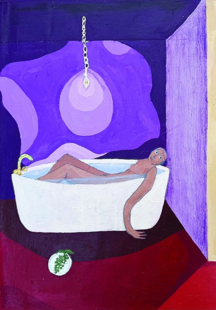 Painting in a flat, simplified style of a woman with brown skin lying in a large white tube, in a purple room with a single light shining overhead. The floor is a deep red holding a plate of grapes.