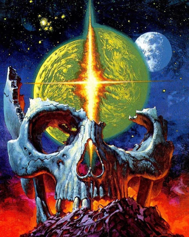 Illustration of a large skull with a broken dome sitting on a rocky ground  in front of a space-scape with a green planet split down the middle by a slice of fire.