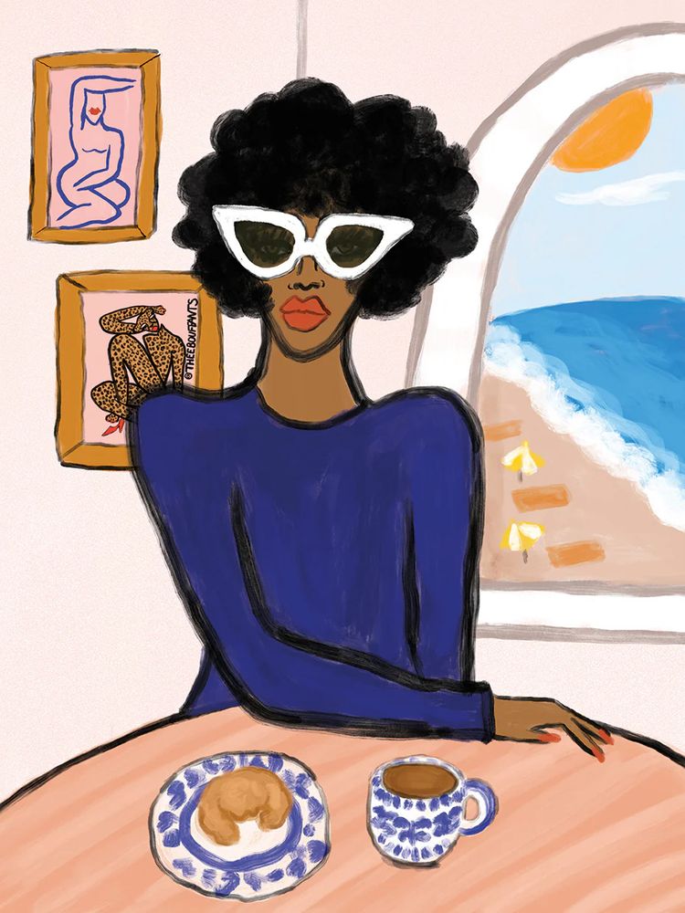 Painting in a bold, simplified style of a Black woman wearing white frame sunglasses and a blue top, sitting at a wooden table with a croissant and drink in blue and white ceramicware. The background wall holds framed paintigs and a window showing a beach landscape.