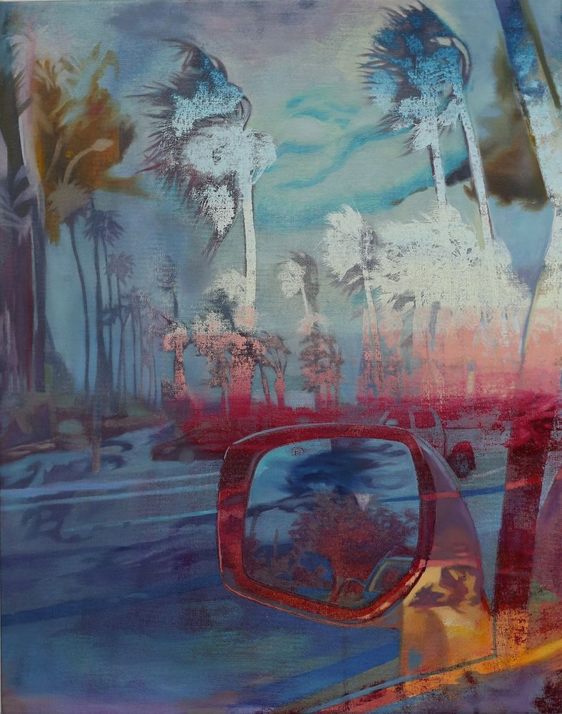 Multi-layered painting depicting groupings of palm trees blown by the wind and whitened by a bleach effect, with a car rearview mirror in the foreground lit in red and orange.