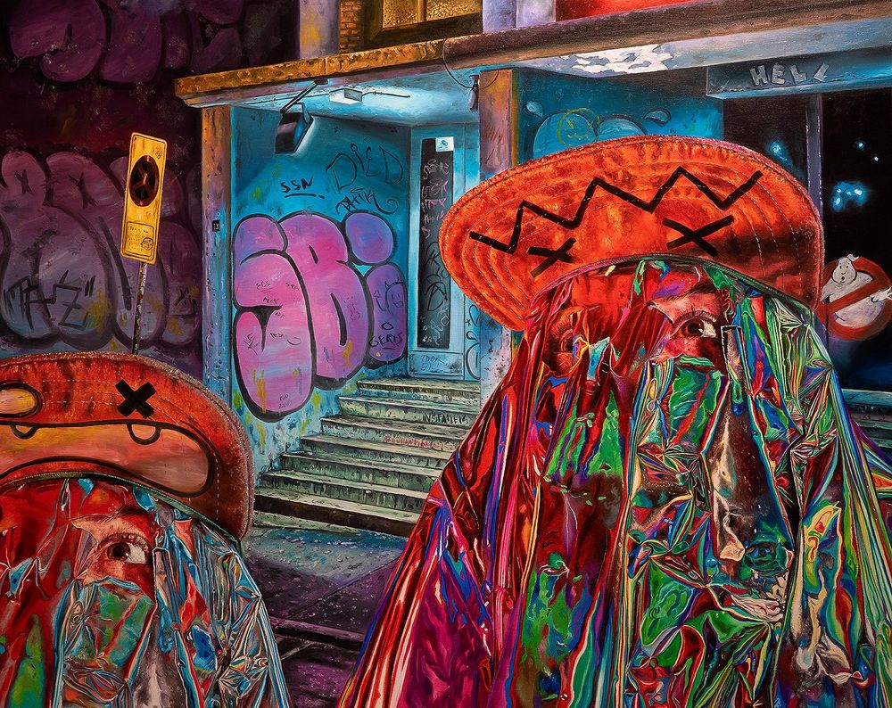 Painting in a hyper-realistic style of two matching figures with heads covered by reflective cellophane material wearing large-brimmed baseball caps, in front of a building decorated with graffiti. 