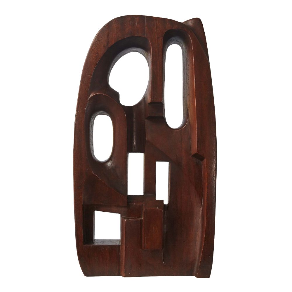 Abstract sculpture in dark wood, with curved ovals and rectangles cut out through the center.