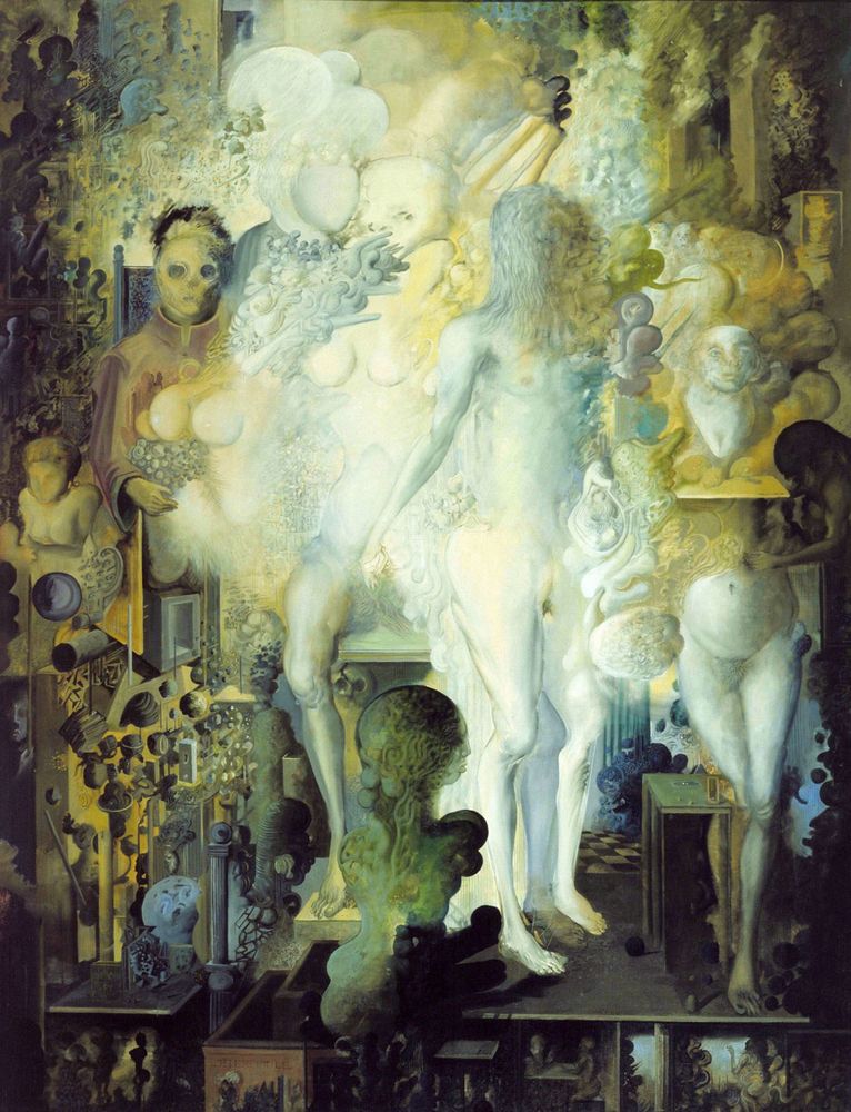 Surreal painting depicting a mass of pale human figures surrounded by smoke and various curious objects, in a palette of green, yellow, white, and brown.