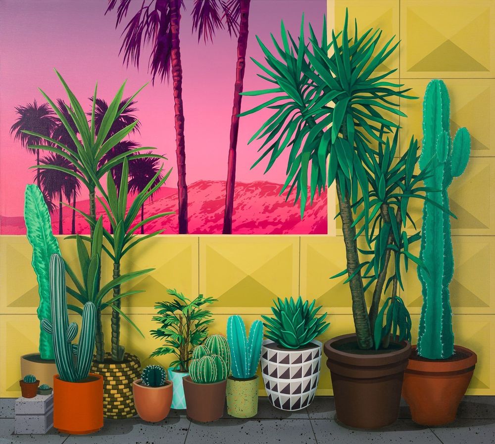 Still life painting of a group of potted cacti and succulents on the floor against a yellow tiled wall, with a hanging poster of a pink landscape with palm trees.