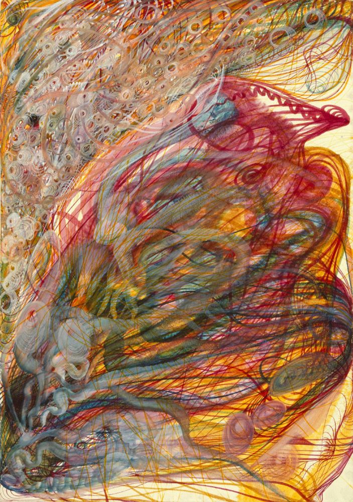 Abstract painting with a mix of curving, overlapping brush strokes and curlicues in pink, yellow, green, and white.