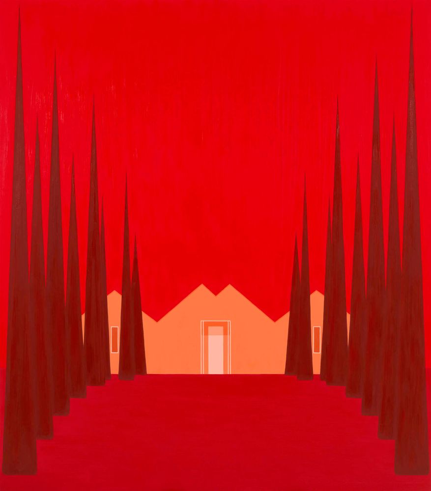 Painting in a flat style of an orange house on a red ground with a red background, with pointed triangular trees lining the left and right path up to the house.