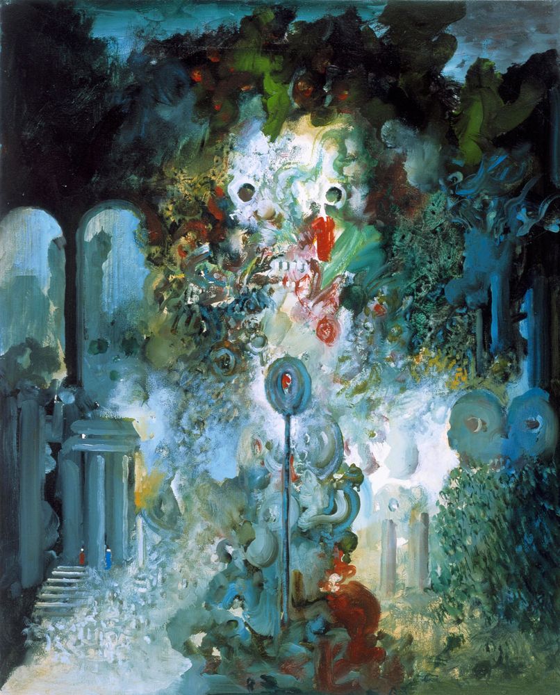 Surreal painting depicting a loose architectural form overlaid with monstrous creatures and abstract gestural elements, in a palette of green, blue, red, and grey.