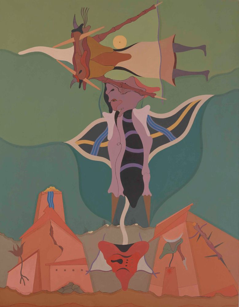 Surreal composition depicting two flying creatures with composite bodies floating above a group of orange structures in a green landscape.
