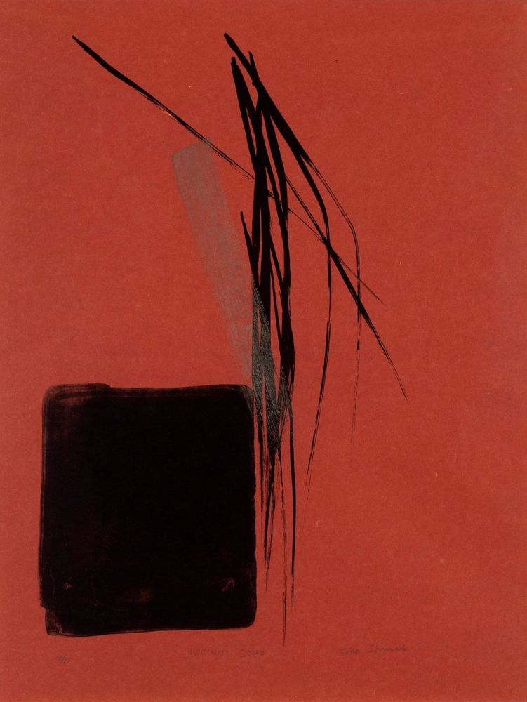 Abstract composition with black vertical strokes next to a black square with a light metallic stroke overlaid, all over a deep red field. 