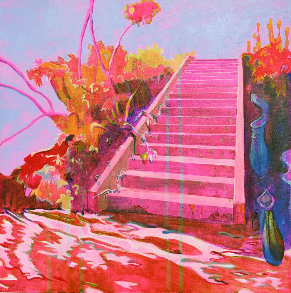 Painting in a bright palette with drippy elements, depicting a hot pink staircase leading to a pale blue-purple sky, above a red ground, flanked by orange, yellow, and pink flora.