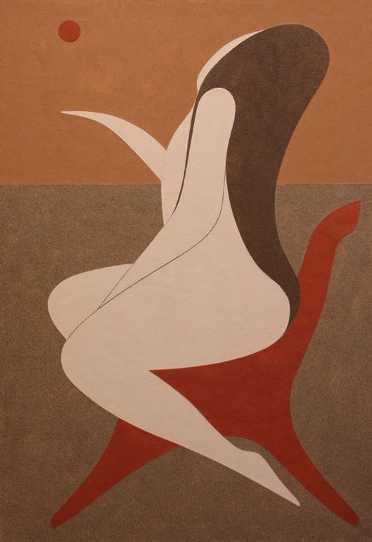 Minimalist depiction of a woman with brown hair and light skin, sitting in a curving red-orange chair looking in the distance at a small red-orange orb in the sky.