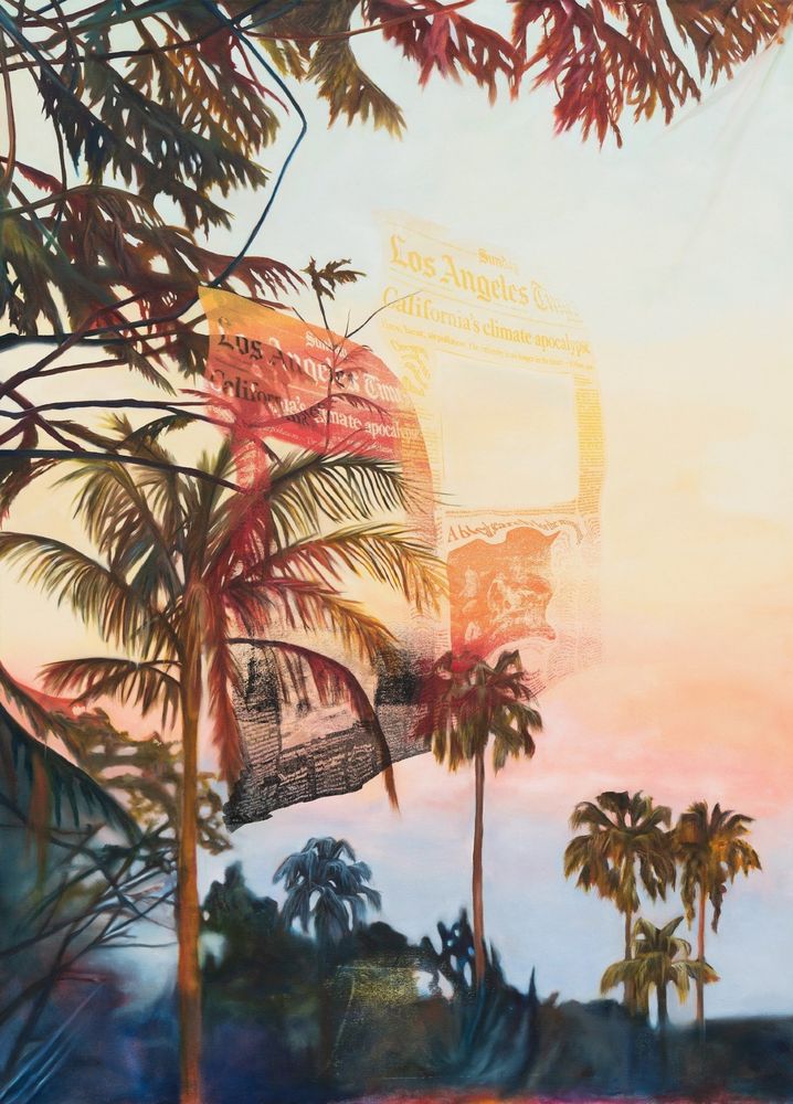 Multi-layered painting depicting groupings of palm trees before a hazy sunset, with a partly-transparent page of the LA Times floating in the center.