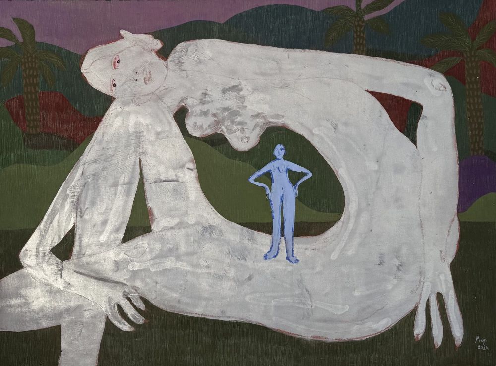 Painting in a flat, simplified style of a blue-skinned figure standing on the belly of a large white-skinned figure whose body is curling around them to form an "O", against a background of dark green trees and hills.